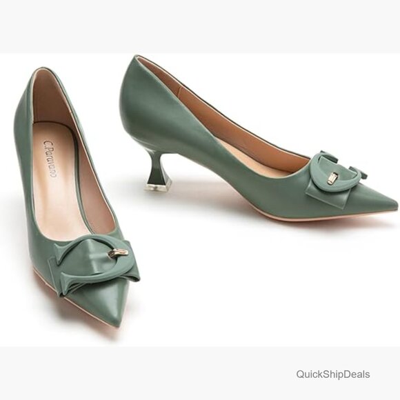 Leather Kitten Heel Pumps with C-Buckle Design and Memory Foam